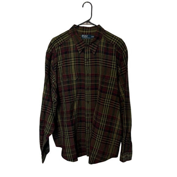 Polo Ralph Lauren Shirt Mens 2XL Green Red Plaid Silk Linen Epaulets Military - Picture 1 of 9